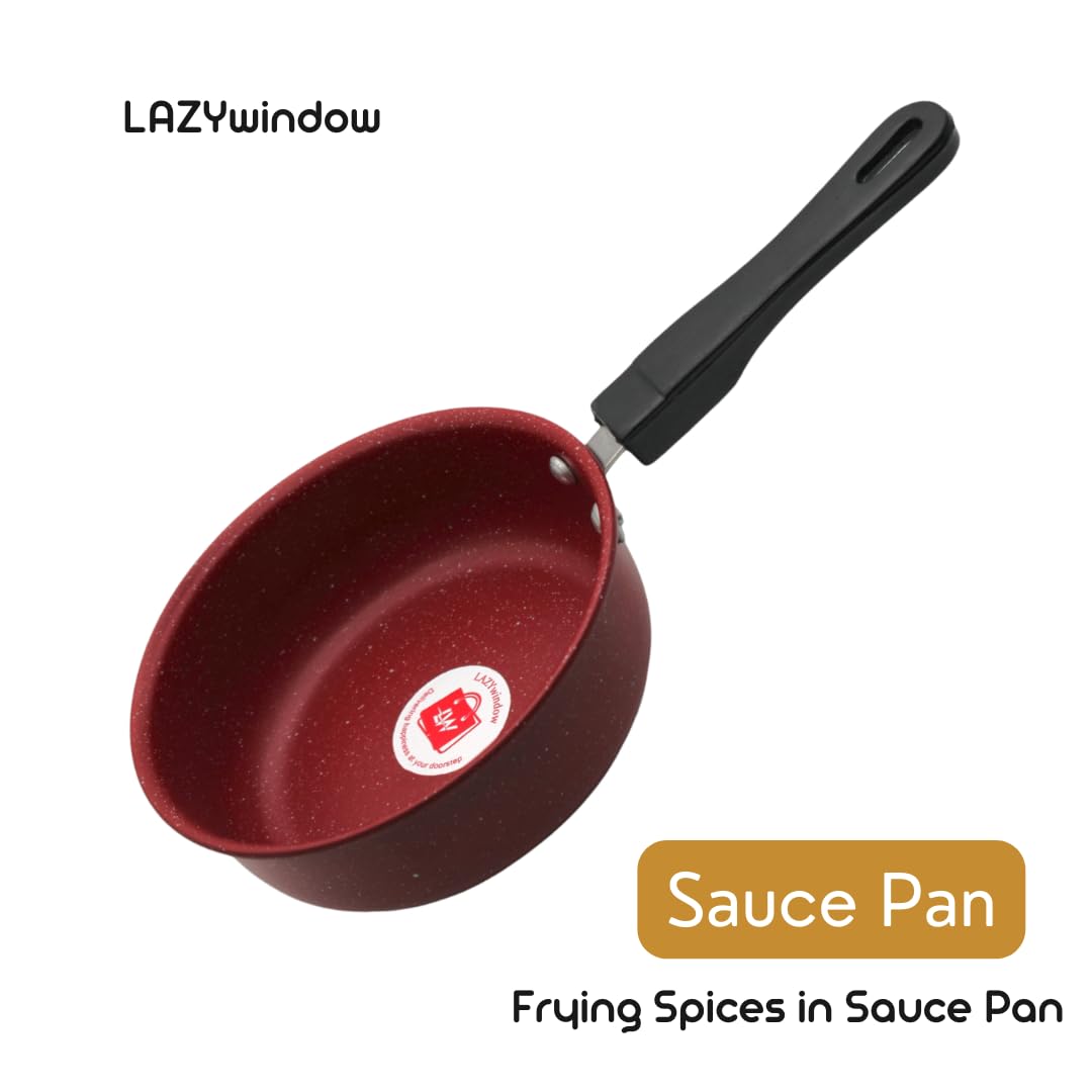 LAZYwindow Nonstick Baby Sauce Pan/Frying Pan 17cm Dia & Tea Stainer, (Base Colour Maroon) Pack of 1