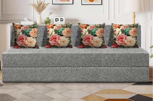 Image of Foldable Four Seater Sofa Cum Bed, Sofa Bed 6 X 6 Feet, Jute Fabric- Washable Cover- Including Four Cushion Perfect for Home & Office - Grey Color