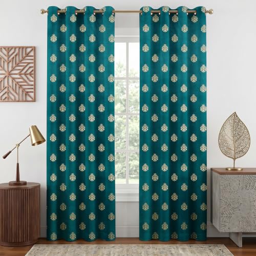 Image of KALIYO Dark Green Velvet Room Darkening Curtain with Gold Foil Floral Print | Eyelet Window Curtain | Soft Luxury Fabric | 9 Ft | Pack of 2