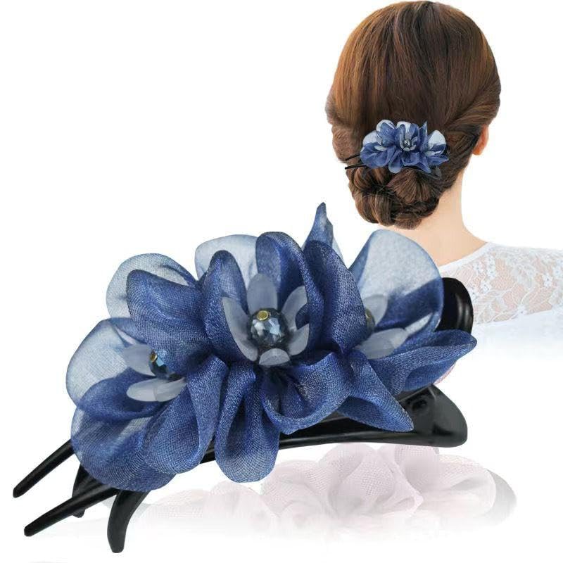 Miss Lirenn® 01 PCS Elegant Floral Hair Clip with Crystal Accents, Black Duck Clips, Hair Accessory for Girls & Womens, 9 cm, (Blue)
