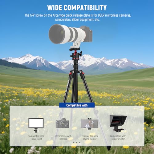 Image of NEEWER Basics Travel Tripod for Camera, 72 inch Compact Lightweight Portable DSLR Stand, Ball Head, Arca Type QR Plate, Cell Phone Holder Compatible with iPhone Video Recording, Max Load 13.2 lbs, TP14
