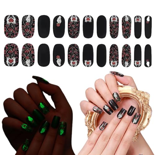 QOWIJEX 22 Piezas Semi-Curado de Uñas Tiras de Gel, Pegatinas de Uñas Estilo Halloween con Estampado de Rosas,Salón de Calidad Pegatinas de Uñas de Gel, para Mujeres, Niñas, Niños，