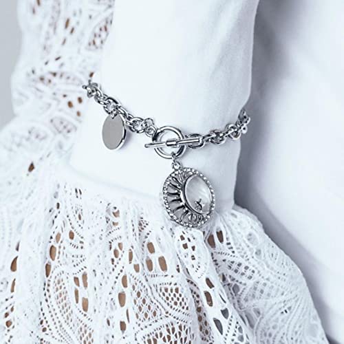 Zeshimb Chunky Chain Bracelet Gold Link Chain Toggle Bracelet Rhinestone Disc Charm Ot Clasp Bracelet Vintage Coin Pendant Toggle Clasp Bracelet Jewelry For Women Girls(Silver Moon) #TOP16