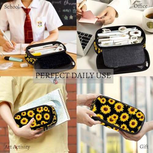 Image of Yekiua Sunflower Pen Bag Elegant Stylish Blossom Floral Large Pencil Case Big Capacity Pencil Pouch Pencil Holder Yellow Black