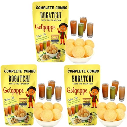 Image of BOGATCHI Pani puri packet ready to eat with 4 Waters Masala and Green & Red Chutneys | Pani Puri Papad | Golgappe Packet Readymade pani poori | Panipuri Fiber Rich Golgappa Complete Combo, 200g