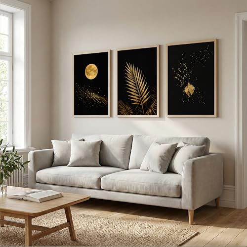 Image of TheMakerly Set of 3 Moon & Golden Palm Leaf Wall Art Paintings for Living Room | Modern Luxury Black Gold Wall Decor | Framed Wall Paintings for Bedroom, Hall, Office & Home Decoration (13x19 Inches)