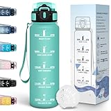 Motswedi Borraccia 1l, Borraccia Motivazionale, a Prova di Perdite, Bottiglia Palestra, Con marca temporale, Bottiglia Acqua per Sport, Università, Ufficio & Bicicletta - Blu&verde