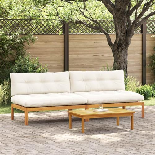 Tonture Juego de 2 sofás centrales de madera de acacia, resistente a la intemperie, con cojín y respaldo para terraza, balcón, exterior, salón modular