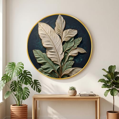 Image of SAF 3D Textured Leaf Wall Painting with Golden PVC Frame Round Botanical Wall Art Modern Luxury Design for Living Room Bedroom Office Home Decor Elegant Gift Item (23 x 23 Inch) GR-352