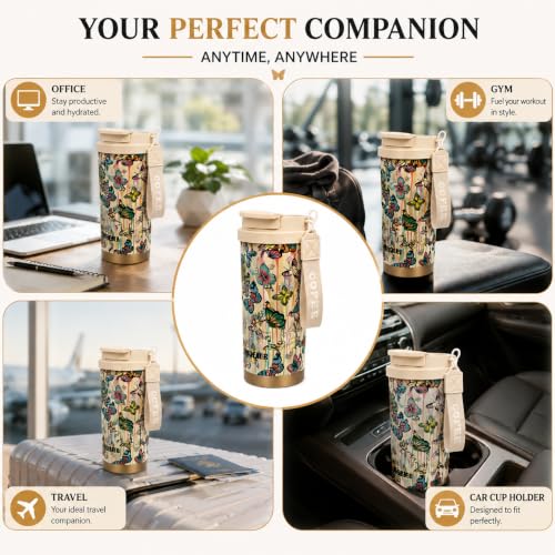 Image of Vasukie Stainless Steel Coffee Tumbler with Carrying Strap, Aesthetic Cream Butterfly & Floral Travel Mug, Leakproof Water Bottle for Women & Girls (500ML)