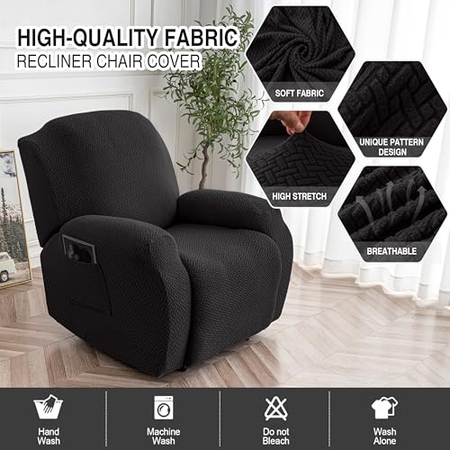 Image of Genina Recliner Chair Cover, Stretch Reclining Chair Covers, Recliner Sofa Slipcovers Stripe Jacquard Lazy Couch Covers Furniture Protector Covers for Pet Kid (Black, 1 Seat)