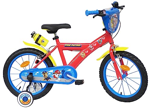 Vélo 16'' garçon Pat Patrouille équipé de 2 Freins, Plaque Avant décorative, bidon arrière et stabilisateurs.