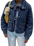 Picture of Tankaneo Womens Quilted Denim Puffer Jackets Tie Front Bow Cropped Puffy Jackets Fall Cute Short Jeans Coat