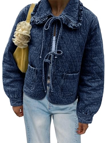 Image of Tankaneo Womens Quilted Denim Puffer Jackets Tie Front Bow Cropped Puffy Jackets Fall Cute Short Jeans Coat