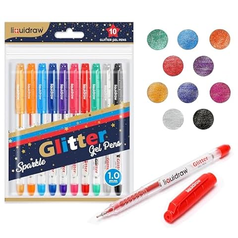 Liquidraw Błyszczące długopisy żelowe brokatowe, zestaw 10 błyszczących długopisów żelowych dla dorosłych, dzieci, rękodzieło, tworzenie kart, kolorowanie dla dorosłych, pisanie, scrapbooking, czarny