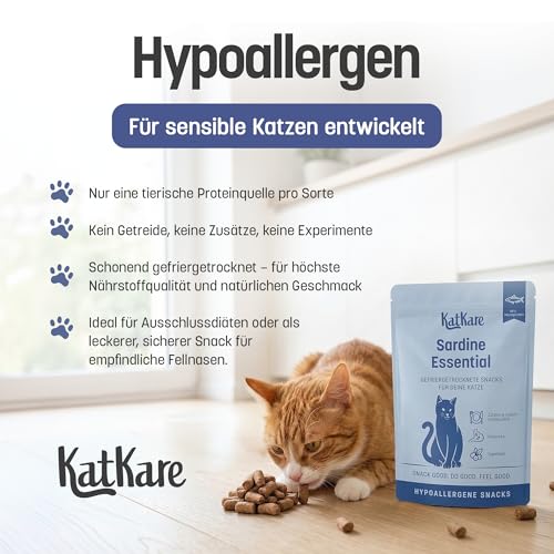 KatKare Hypoallergene Gefriergetrocknete Katzensnacks für empfindliche Katzen - Monoprotein Katzen Leckerlis Getreidefrei, ohne Zusatzstoffe, Monoprotein Proteinquelle - Sardine Essential - 30g