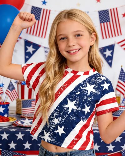 Image of DDSOL Girls July 4th Crop Tops Patriotic Shirt American Flag Short Sleeve Tshirts for Girl 6-14 Years