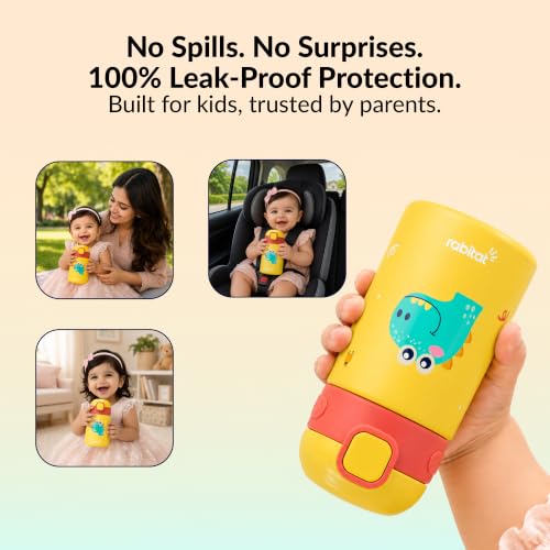 Image of rabitat Milo Personalized Stainless Steel Water Bottle 350ml | 2 Year Brand Warranty | BPA Free | Leakproof Steel Sipper Bottle for Kids | Flip Lock Lid with Straw | Easy Carry Handle Dino Dash