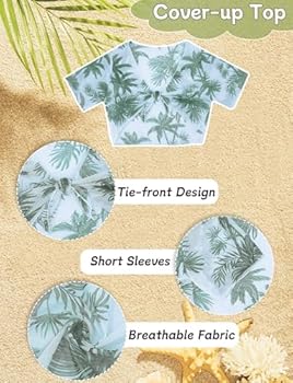 SEAUR Meisjesbikini, 4-delig badpak met cover-up top, broek, Hawaï, badmode, zomer, strand, badkleding, zwempak voor 8-12 jaar, 130-160, lichtgroen, 12 Jaren