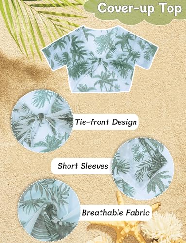 Image of Happy Cherry Girl's 4PCS Swimsuits Tropical Print Halter Bikini Set Bathing Suits with Kimono and Cover Up Pant Boho Swimwear