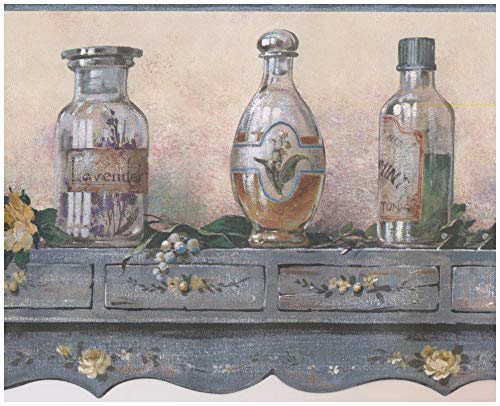 Prepasted Wallpaper Border - Grey Shelf Retro Herbal Oil Jars Wall Border Vintage