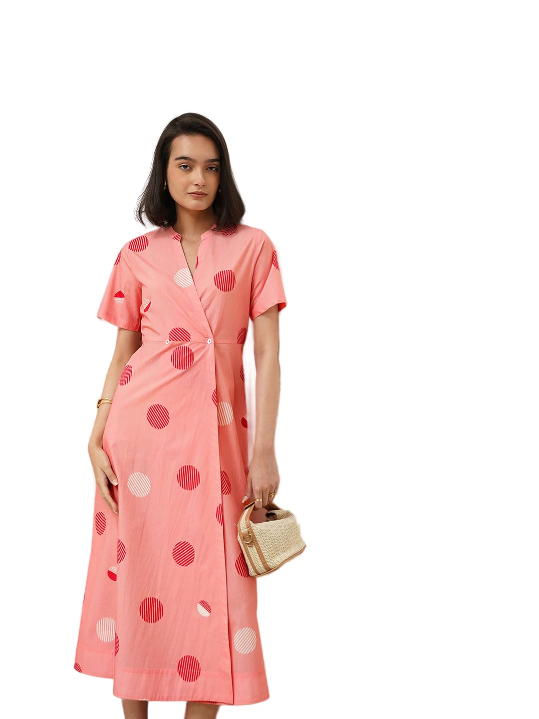 pink fort Women Casual Dress | Fit & Flare Midi Length V-Neck Short Cap Sleeve Polka Dot Print | Premium 100% Cotton & Wrap Style for Summer Vacation & Daily Outings | Pink-picture-11