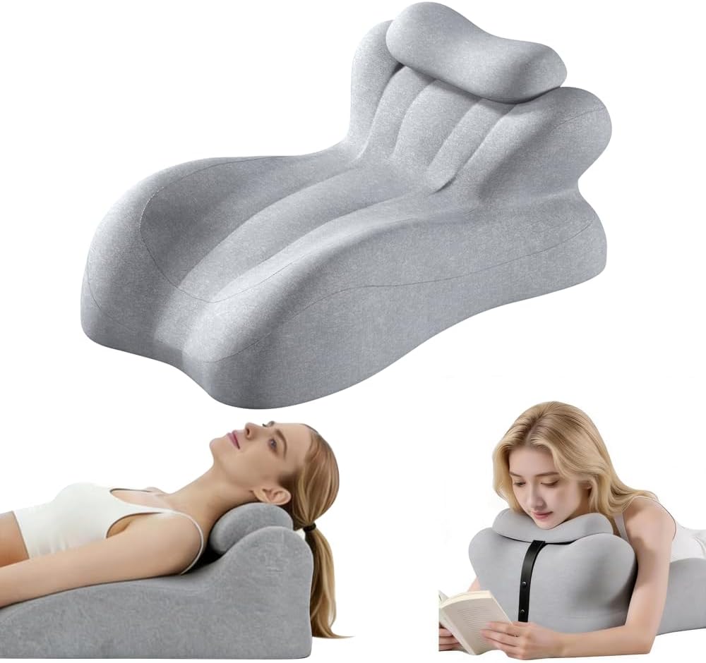 Memory Foam Ergonomic Rest Pillow - Prone Pillow for Sleeping, Targeted Support for Back Pain, Acid Reflux and Sitting Up, Ideal for Massage, with Washable Cover (Light Grey)