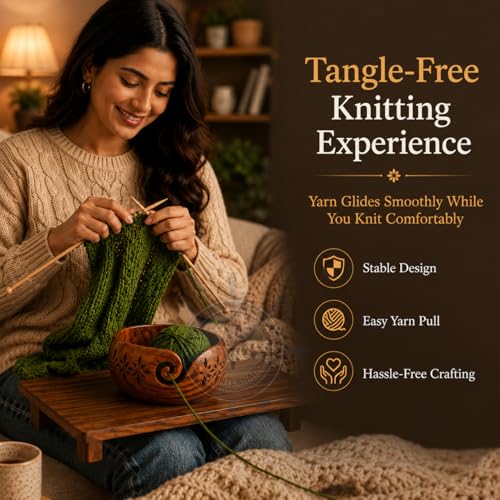 Image of Premium Rosewood Storage Bowl for Yarn Balls & Skeins with Decorative Carved Drills & Drops & Candy Knitting Needles | Knitting & Crochet Notions | Nagina International (Large)