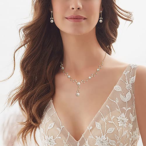 Ever Faith Cz Crystal Cream Simulated Pearl Floral Vine Filigree Necklace Earrings Set Clear Gold-Tone #TOP1