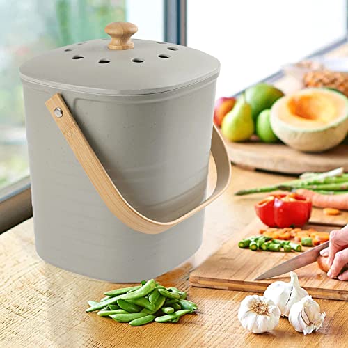 Yatmung Compost Bin, Countertop Compost Bin With Lid, Odorless Indoor Compost Bucket Made Of Bamboo Fiber, Includes Charcoal Filter, Grey #TOP1