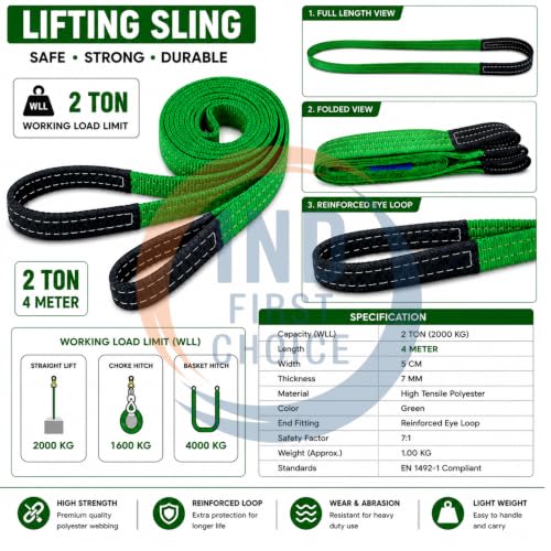 Image of IND Webbing Sling 2 Ton 4 Meter | Heavy Duty Polyester Lifting Belt | Flat Eye to Eye Lifting Sling | 2000 kg Capacity