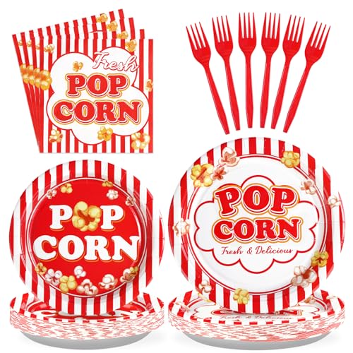 Image of Grencian 96Pcs Popcorn Party Supplies for Movie Night Serves 24 | Popcorn Plates and Napkins Red and White Sets Picnic Decorations for Festive Movie Night Birthday BBQ Summer Party Favors