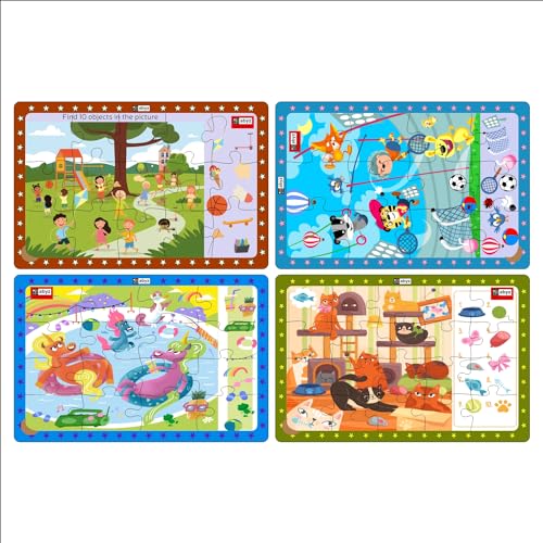 Image of ABYZ Wooden Jigsaw Animals Sports Day, Children's Playtime, Lazy Cats, Unicorns Pooltime, Puzzles 63pcs for Kids with Find The Things of Age 3+, Set of 4