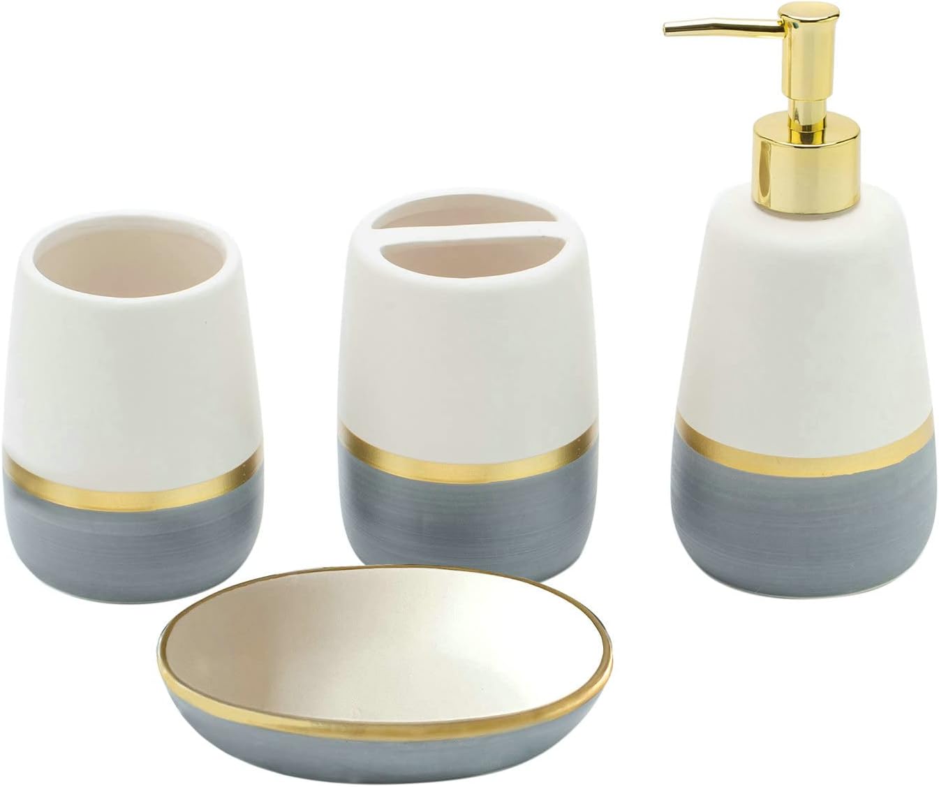 Grey Gold Bathroom accesory Set 4pc,Ceramic Bathroom Accessories Set Gray Bathroom Decor countertop Organize Include Toothbrush Holder soap Dispenser soap Dish Tumbler Cup Best Gift for Bath Storage
