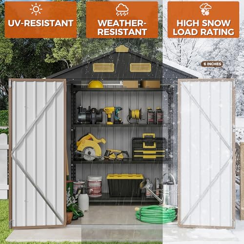 Image of IRONCK 5.7x5.7FT Outdoor Storage Shed, Tool Shed, Brown | Breathable Vent, Lockable Doors, Galvanized Steel, Metal Garden Storage, Outdoor Shed, for Backyard, Poolside, Patio