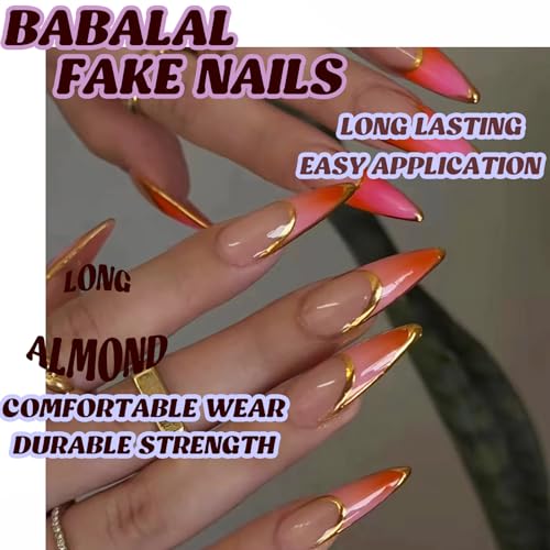 BABALAL Stiletto Press on Nails Long Fake Nails Pink Orange French Glue on Acrylic False Nails 3D Gold Chrome Texture Design Y2k 24Pcs Almond Stick on Handmade Ombre Summer - Thumbnail 5