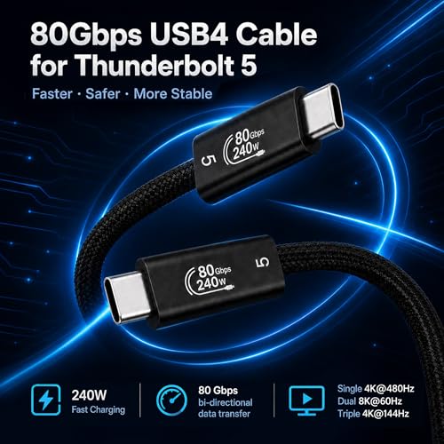 Image of 80Gbps USB4 Cable for Thunderbolt 5, 5FT Braided USB C to USB C Cable,Up to 120Gbps Bandwidth,240W PD3.1 Fast Charging,16K /8K Display,Compatible with Thunderbolt 4 /3,MacBook,SSD,Docking,eGPU,iPhone 17