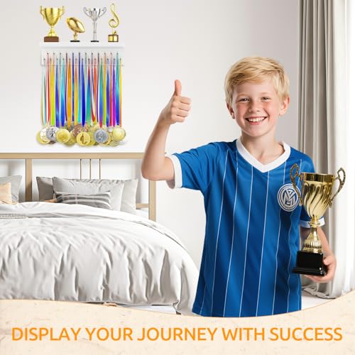 Image of Medal Hanger Display and Trophy Shelf Organizer, Wooden Wall Mount Ribbon Holder with 25 Steel Hooks, Race Awards Storage Rack Stand for Sports Enthusiasts