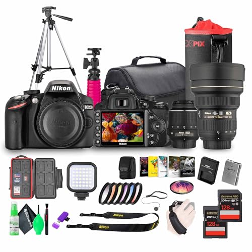 Nikon D3200 24.2MP DSLR Camera Kit with 18-55mm VR Zoom Lens – Full HD 1080p Video Capture, Fast 11-Point Autofocus System + Nikon 14-24mm Lens + 72' Tripod + 128GB Memory Card + Camera Bag + More