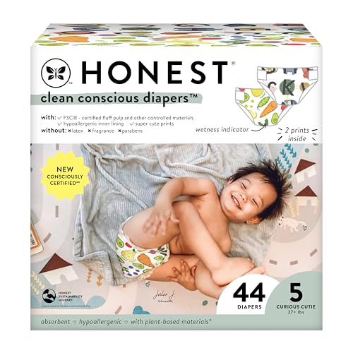 Image of The Honest Company Clean Conscious Diapers | Plant-Based, Sustainable | So Delish + All The Letters | Club Box, Size 5 (27+ lbs), 44 Count