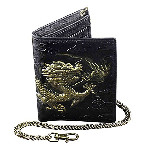 Mens 3D Dragon Vintage Luxury Leather Wallet ID Card Holder Purse w/Chain3