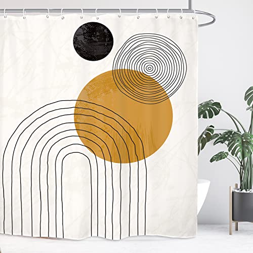 Yookeb Minimalist Sun Bathroom Shower Curtain 60W By 71H Inch Abstract Modern Mid Century Aesthetic Geometric Contemporary Art Boho Black White Polyester 12 Plastic Hooks Decor #TOP1
