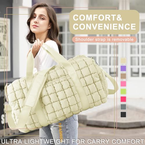 Image of Quilted Travel Duffle Bag Gym Bag for Women,Large Puffer Duffle Weekender Bag with Compartment,Workout Overnight Carry on Organizer Bag Duffle Bag for Airplane Travel(L-Off-white)
