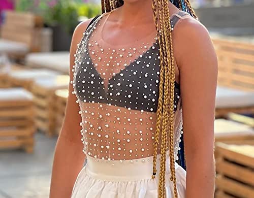 Picpunmak Women Pearl Rhinestone Mesh Tank Tops Diamond Sexy See Through Sheer Sleeveless Blouse Rave Crop Top Clubwear Apricot #TOP3