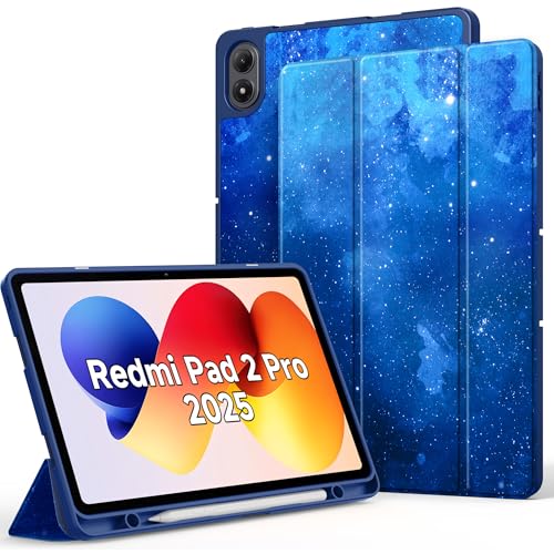 EasyAcc Hülle für Xiaomi Redmi Pad 2 Pro 12.1 Zoll mit Stifthalter Schutzhülle Ultradünne PU Leder mit Standfunktion und Auto Wachen/Schlafen Hülle Case Blauer Sternenhimmel