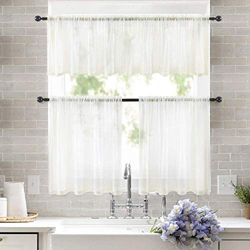 Miulee Short Sheer Curtains 30 Inch Length For Kitchen Bathroom Cafe Half Window Treatment, Rod Pocket Tier Curtains 2 Panels, 29X30 Inches Long, Ivory #TOP7