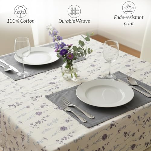 Image of HOMEMONDE 100% Cotton Premium Dining Table Cover 45 x 45 Inches Floral Printed Table Cloth for 4 Seater, Square Centre Table Cover (114 X 114 cm, Blue & Purple)