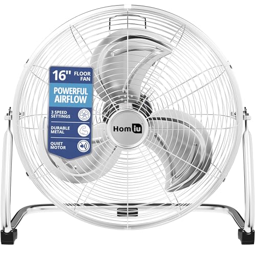 Homiu 16 Inch Floor Fan - 3 Speed High Velocity Fan - Standing Cooling Cold Air Circulation - Adjustable Tilting Electric Industrial Fan - For Home Gym Office Garage Outdoor Indoor
