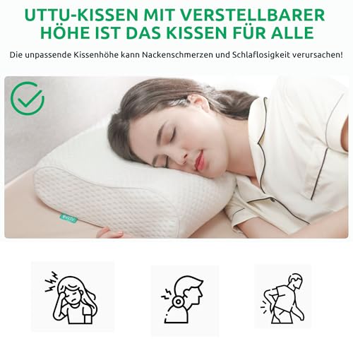 UTTU Memory Foam Kissen, Kopfkissen zur Linderung von Nackenschmerzen, Ergonomisches Nackenkissen Sandwichkissen, verstellbares Memory Schaum Kissen 60x36x13/11cm