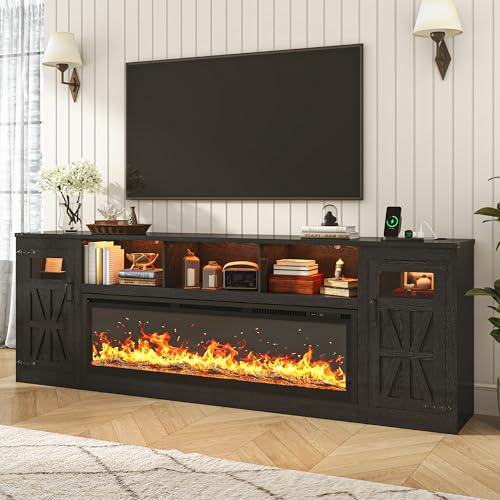 Image of Fireplace TV Stand for 100 Inch TV, 95 inch Farmhouse Entertainment Center with 60 inch Electric Fireplace & LED Lights, Large Media Console for Living Room, Rustic Barn Doors, Power Outlets,Black